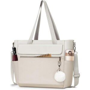 Canvas White Grey Tote Bag Women Waterproof Large Zipper Shoulder Work Travel